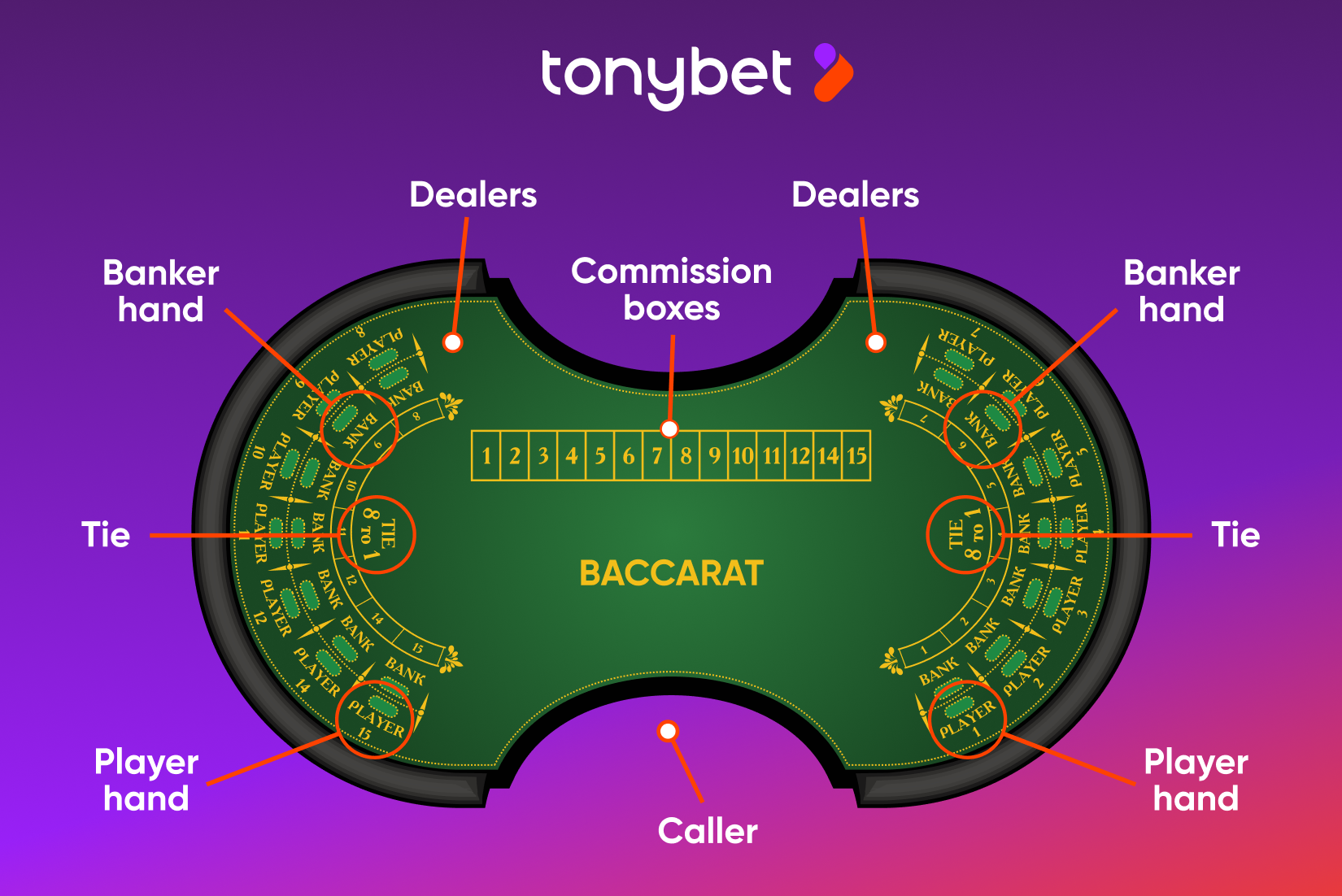 Graphic labelling the different areas of the Baccarat table. From the top middle going clockwise round the table: Commission boxes, Dealers, Bankers hand, Tie, Player hand, Caller, Player hand, Tie, Banker hand, Dealers.