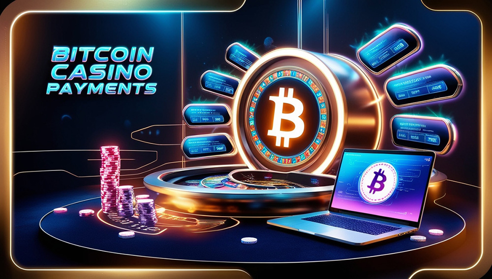 Futuristic neon tech concept of Bitcoin payments at online casinos.
