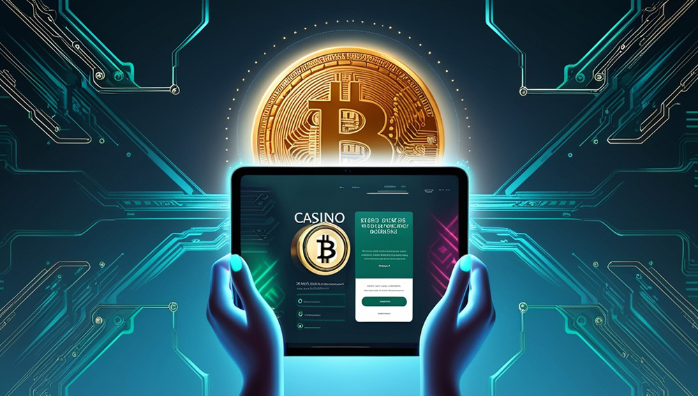 A virtual representation of safe and secure casino transactions using Bitcoin: Two hands holding a tablet and a Bitcoin popping up behind it.