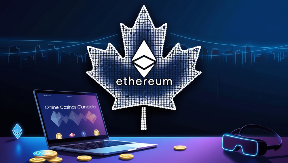 Ethereum Online Casinos in Canada: A laptop with Ethereum casino page on the screen and coins and VR glasses positioned next to it.