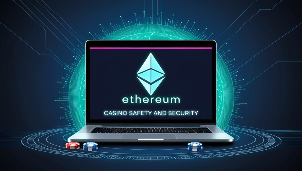 Ethereum casino safety and security title on a laptop screen with casino chips around.