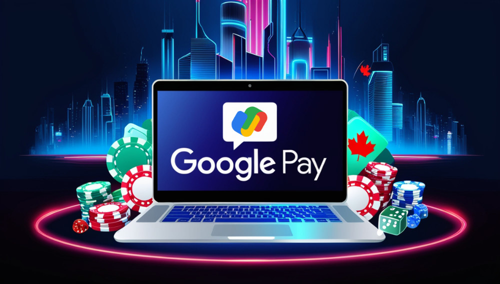 Google Play casinos guide: A a laptop with the official google Play logo and casino elements around