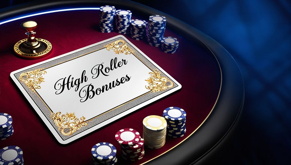 High roller bonus card on a red casino table with poker chips.
