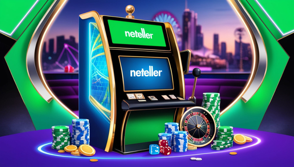 A 3D Neteller casino slot machine with poker chips and roulette around