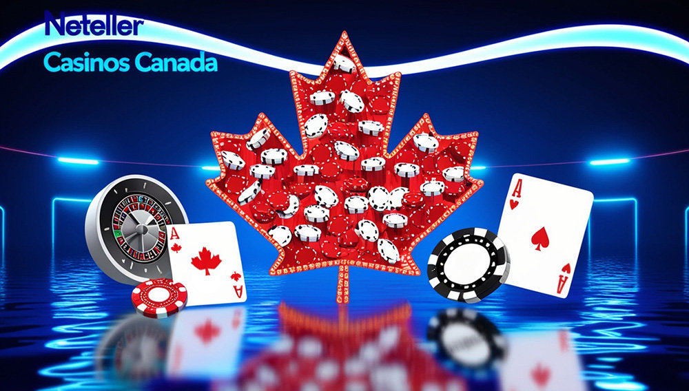 Neteller casinos in Canada concept: Red maple leaf filled with poker chips and casino symbols around