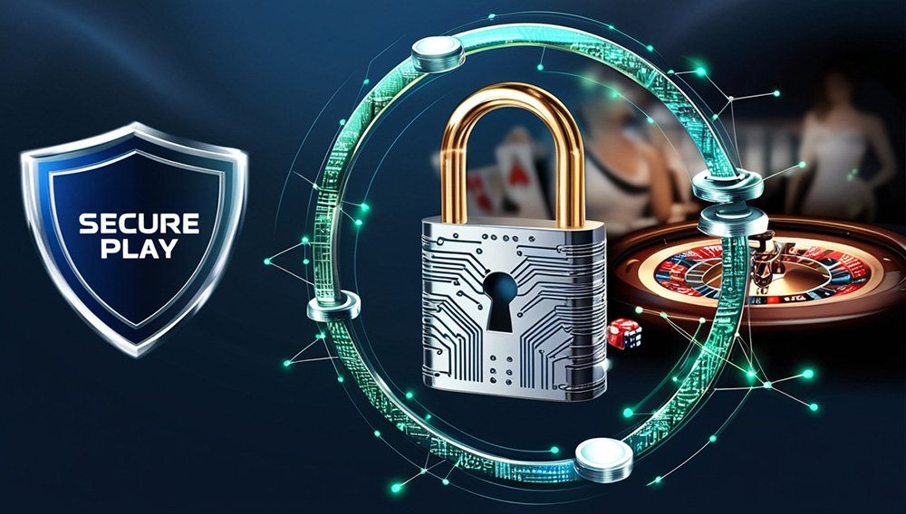 Safety and security when playing at an online casino: A virtual padlock with a casino background in the distance.