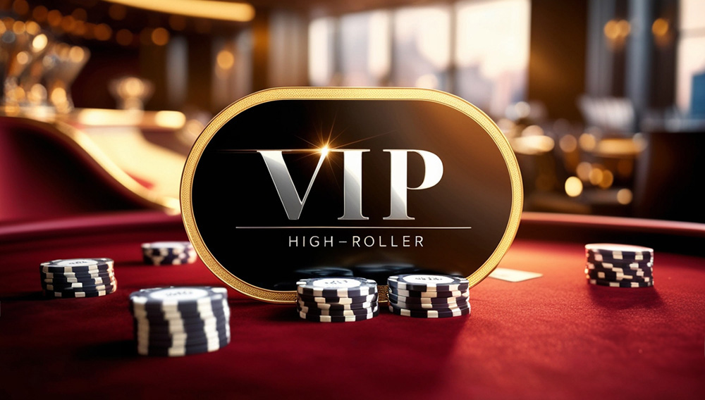 VIP high roller sign at a red casino table with poker chips.