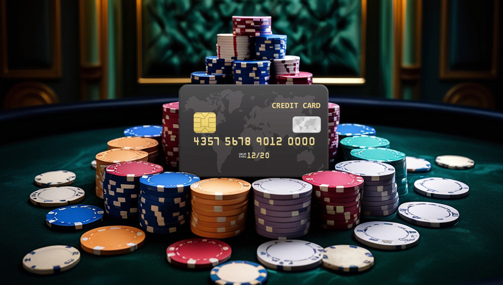 A sample credit card on a pile of poker chips at a casino