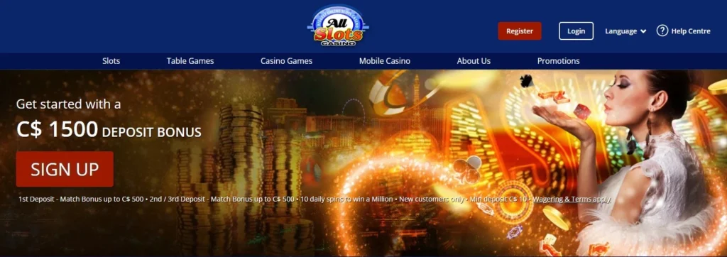 Screenshot of All Slots Casino's official homepage