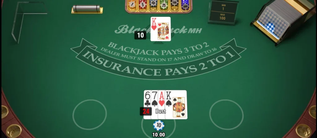 Bust in European Blackjack: Player's hand exceeds 21 and loses the bet