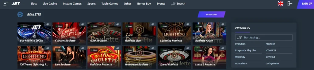 Jet Casino live gambling section