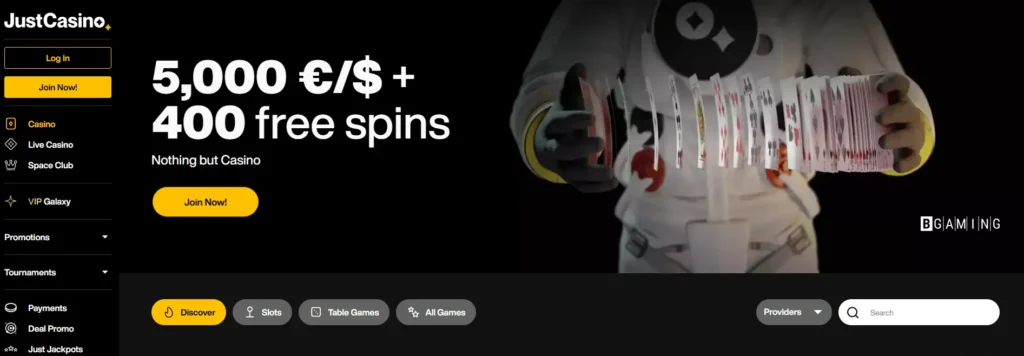 Just Casino's homepage and welcome offers