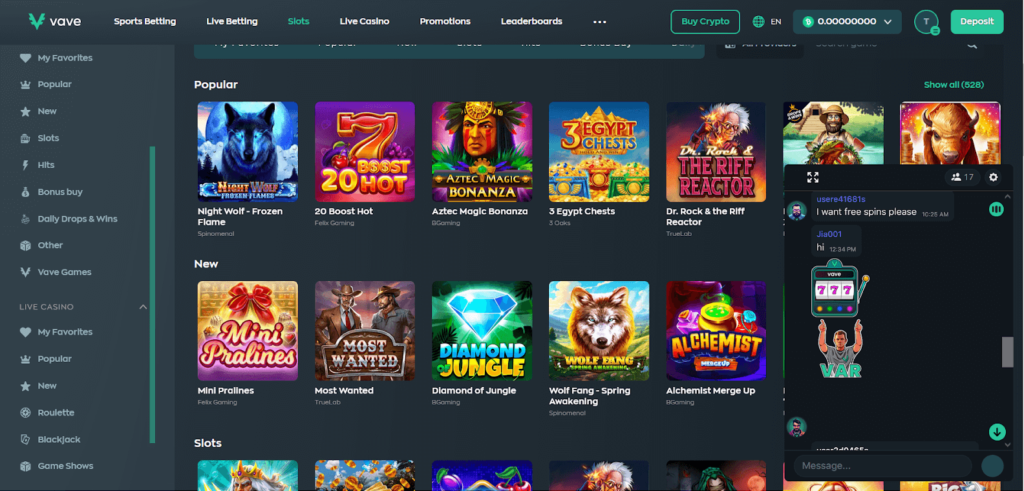 vave Casino Live Chat support