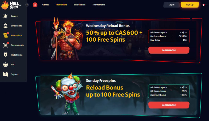 Special Wednesday and Sunday bonuses on Hell Spin's official casino page
